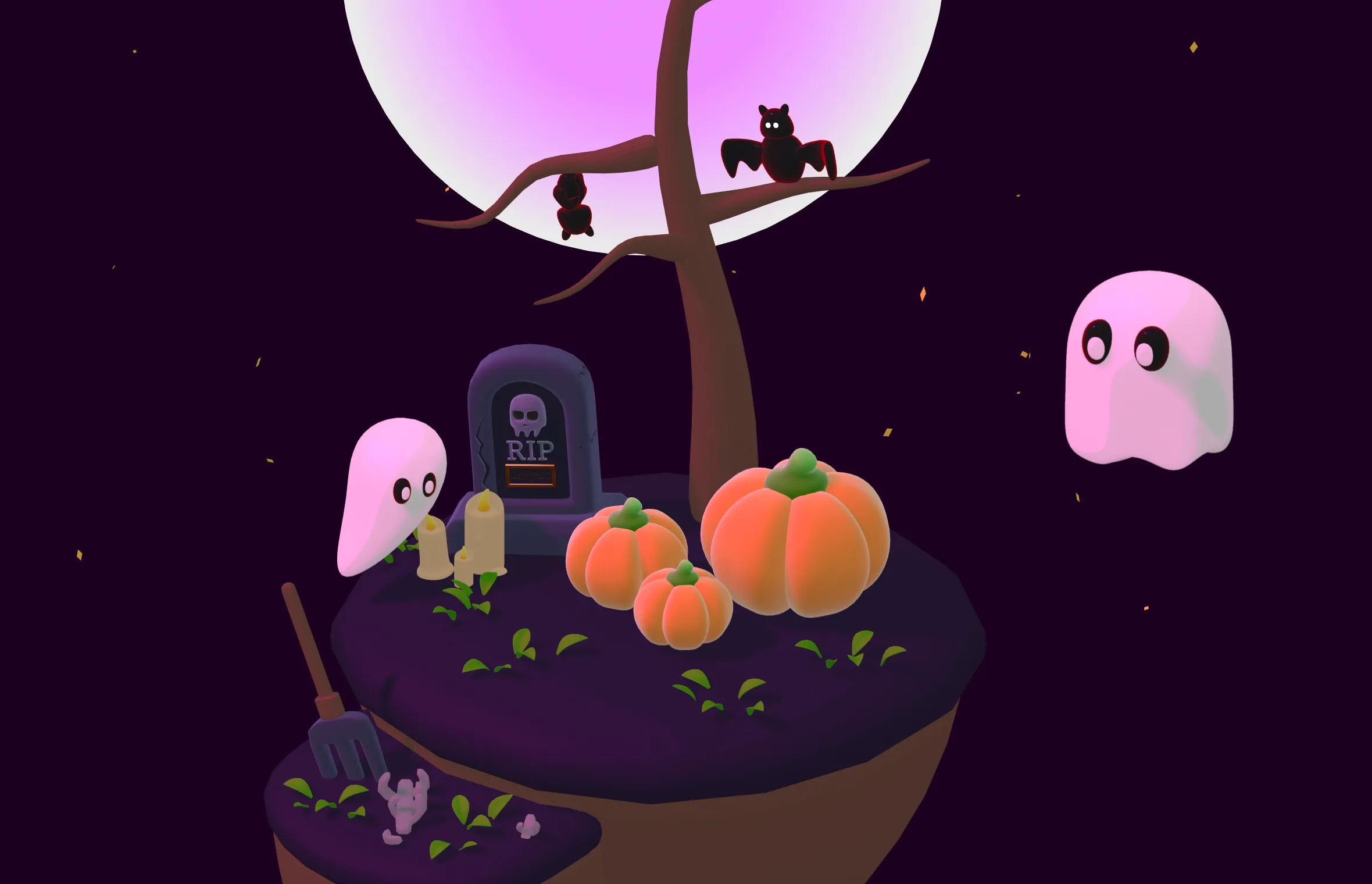 Two playful animated ghosts float around pumpkins, a tombstone, and bats.