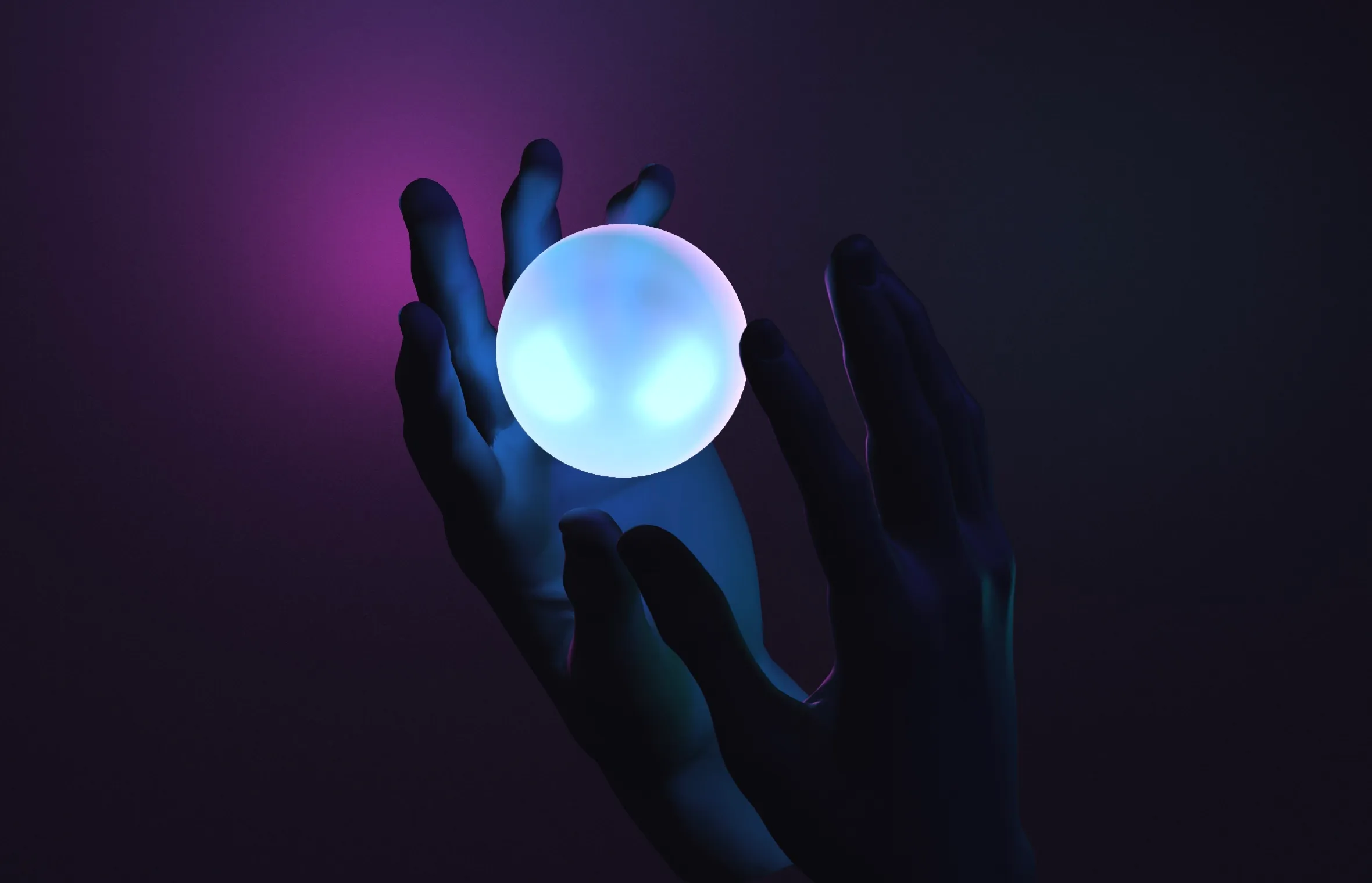 An illuminated hand hovers around a floating pearlescent orb.