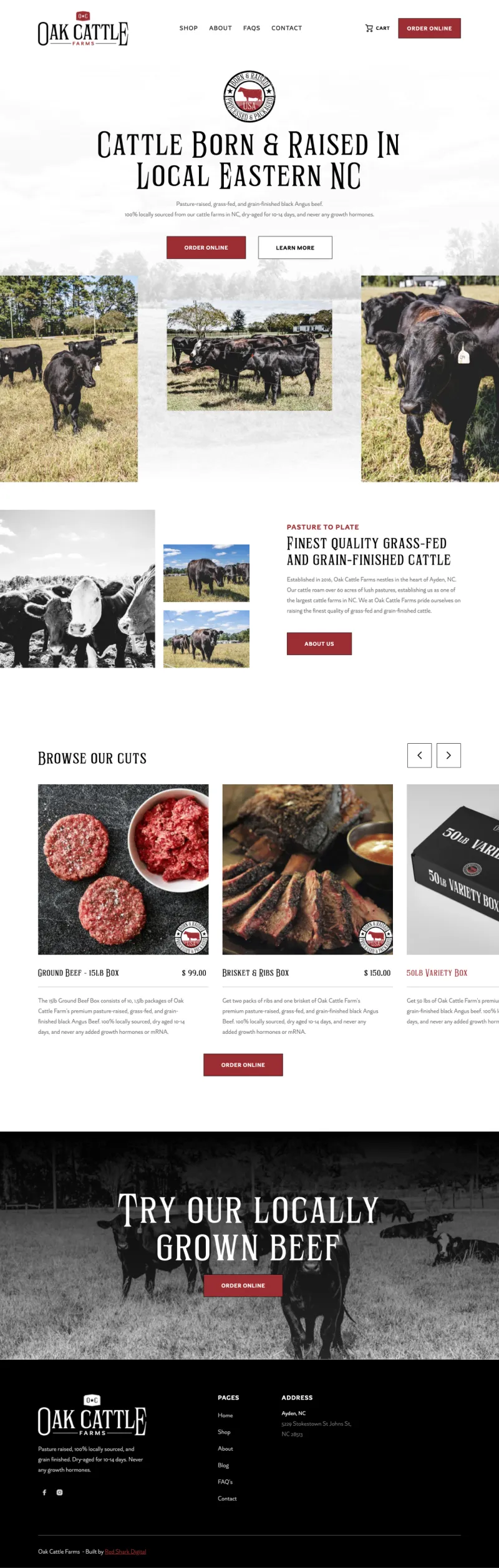 Oak Cattle Farms homepage: Cow photos, cut options, FAQs, and contact form.