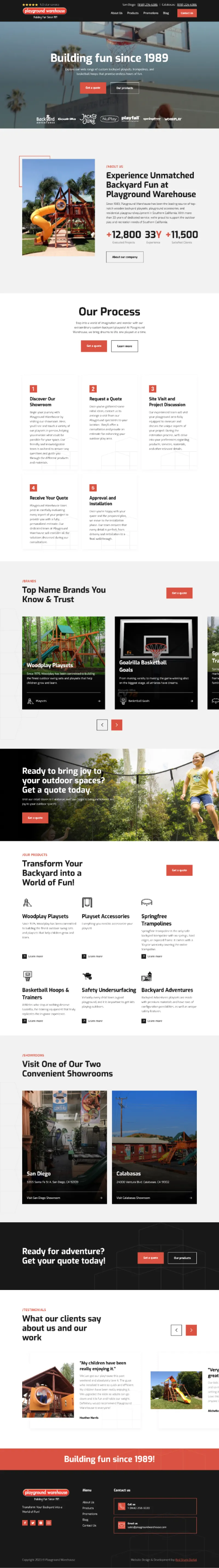 New site: Video hero section with brand logos (Playground Warehouse), custom icons for product categories – wooden playsets, accessories, trampolines, basketball equipment, safety undersurfacing, and Backyard Adventures.