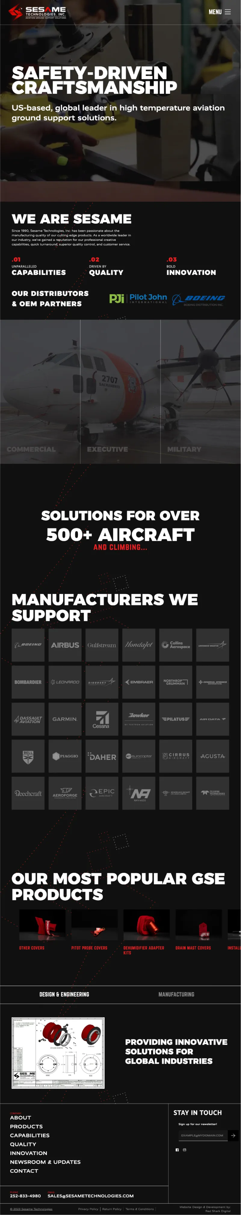 New Sesame Technologies, Inc. site: Video hero section with in-house videography, product category section with airplane hover animations, and consistent logo vector in the background.