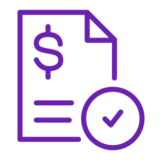 Icon of a document with a dollar sign and a checkmark in a circle, symbolizing approved payment or invoice.