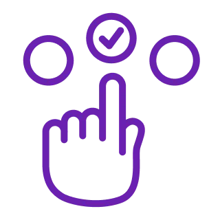 Purple hand icon pointing to a circled checkmark between two empty circles.