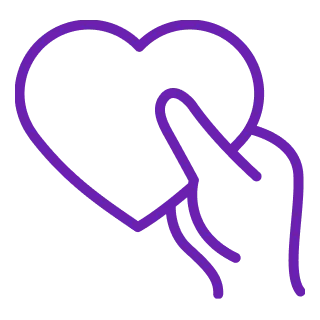 Purple outline of a hand holding a heart.