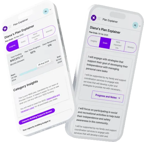 A image of two mobile phones with screens showing the free NDIS tool called Plan Explainer
