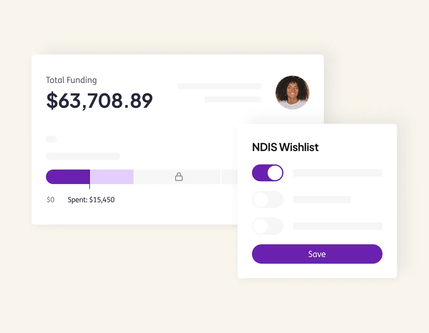 A purple and white id card with a picture of a woman.