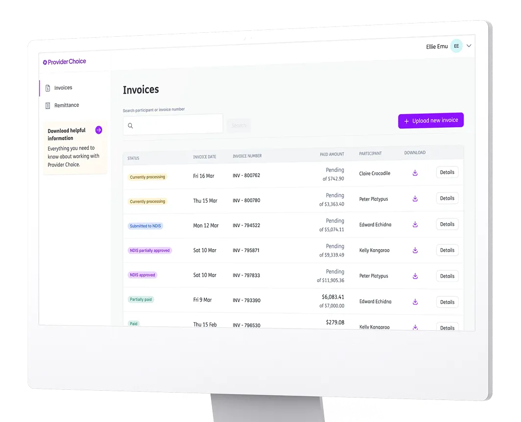 Computer screen showing Provider Choice invoices dashboard with status, dates, amounts, and participant names.