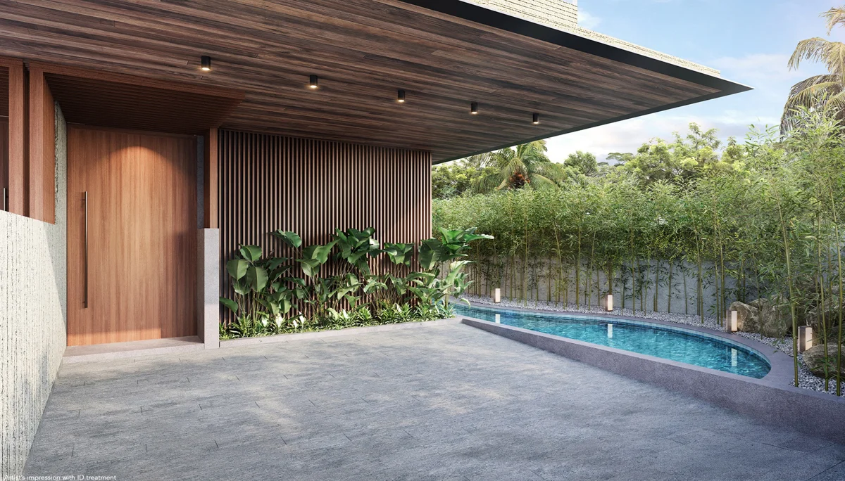 Sheltered two-car porch beside landscaped water