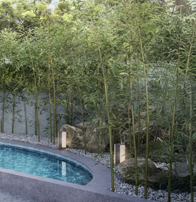 Stone garden and greenery beside the pool
