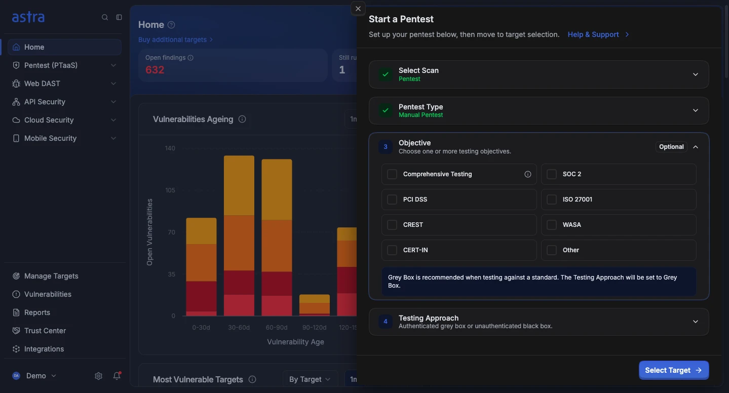Astra dashboard with the Start a Pentest panel open: select scan, pentest type, compliance objectives and testing approach