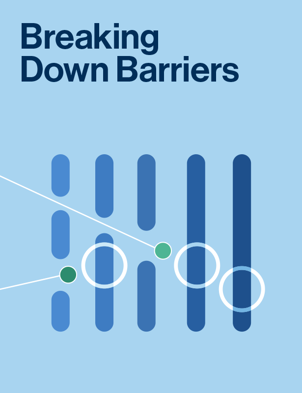Report cover, "Breaking Down Barriers," with an abstract illustration of blue bars linked by connecting lines.