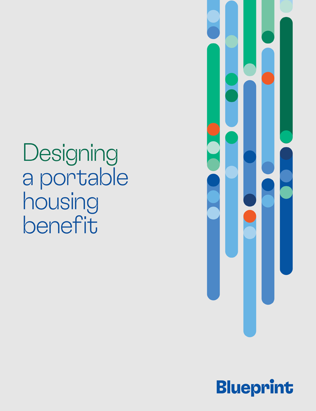 Blueprint report cover, "Designing a portable housing benefit," with decorative vertical bars.