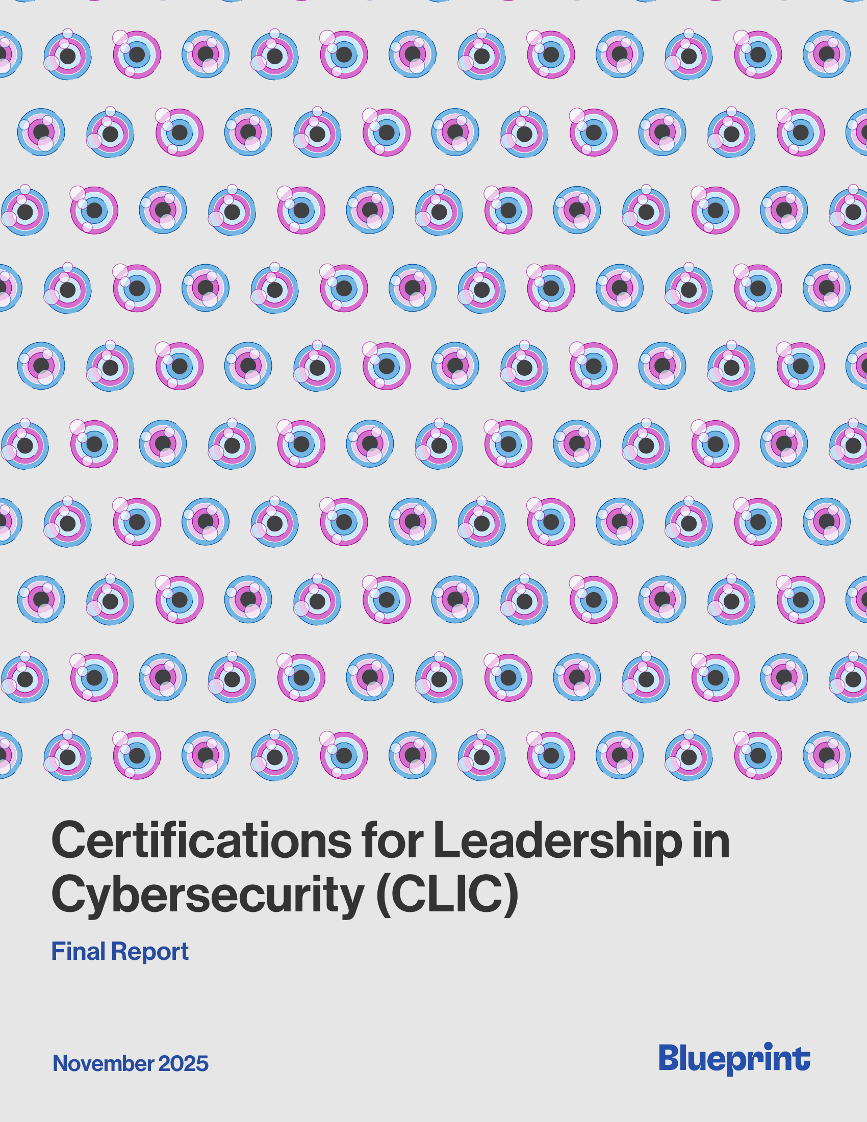 Blueprint report cover, "Certifications for Leadership in Cybersecurity (CLIC): Final Report," November 2025, with a repeating pattern of circular icons.