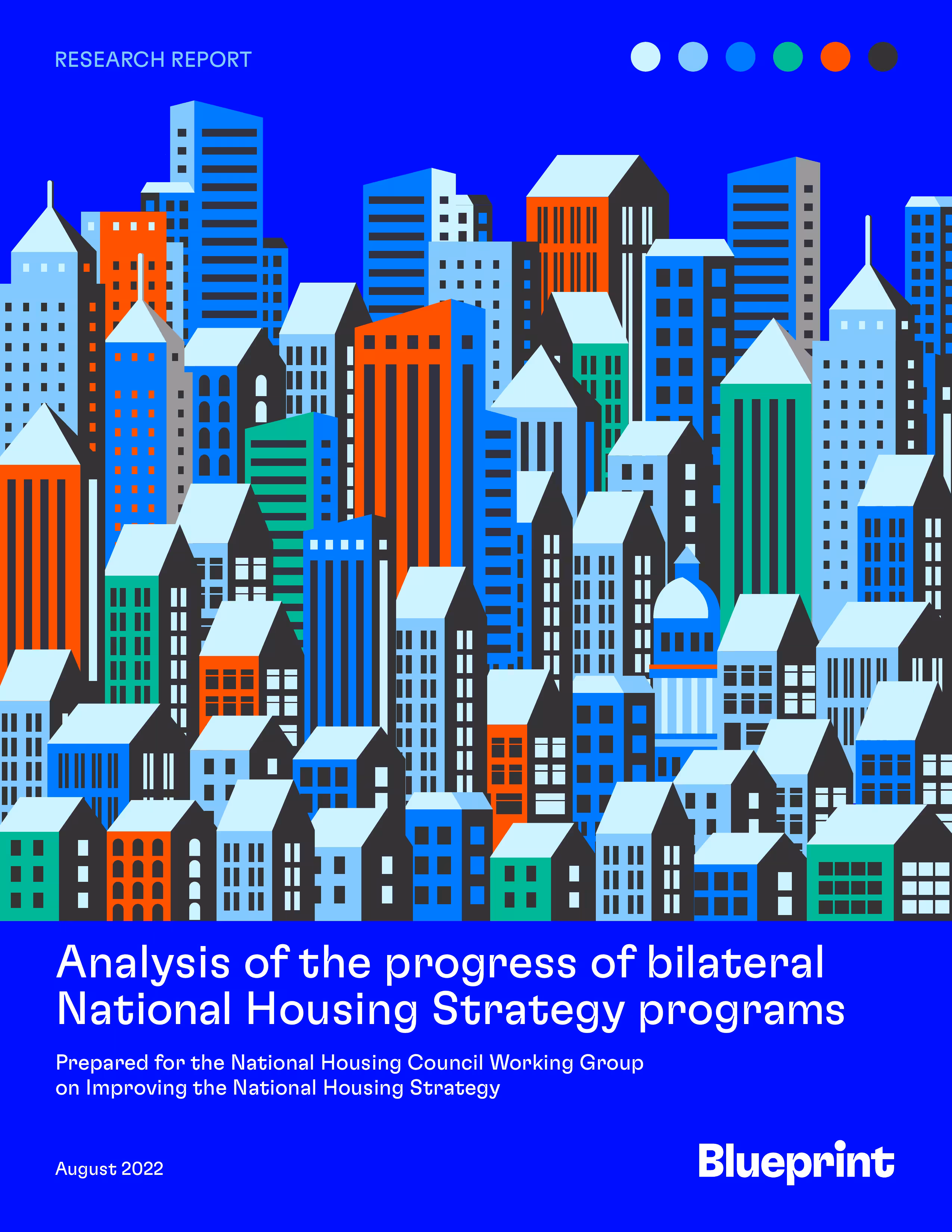 Report cover illustration of a colorful city skyline, titled "Analysis of the progress of bilateral National Housing Strategy programs."
