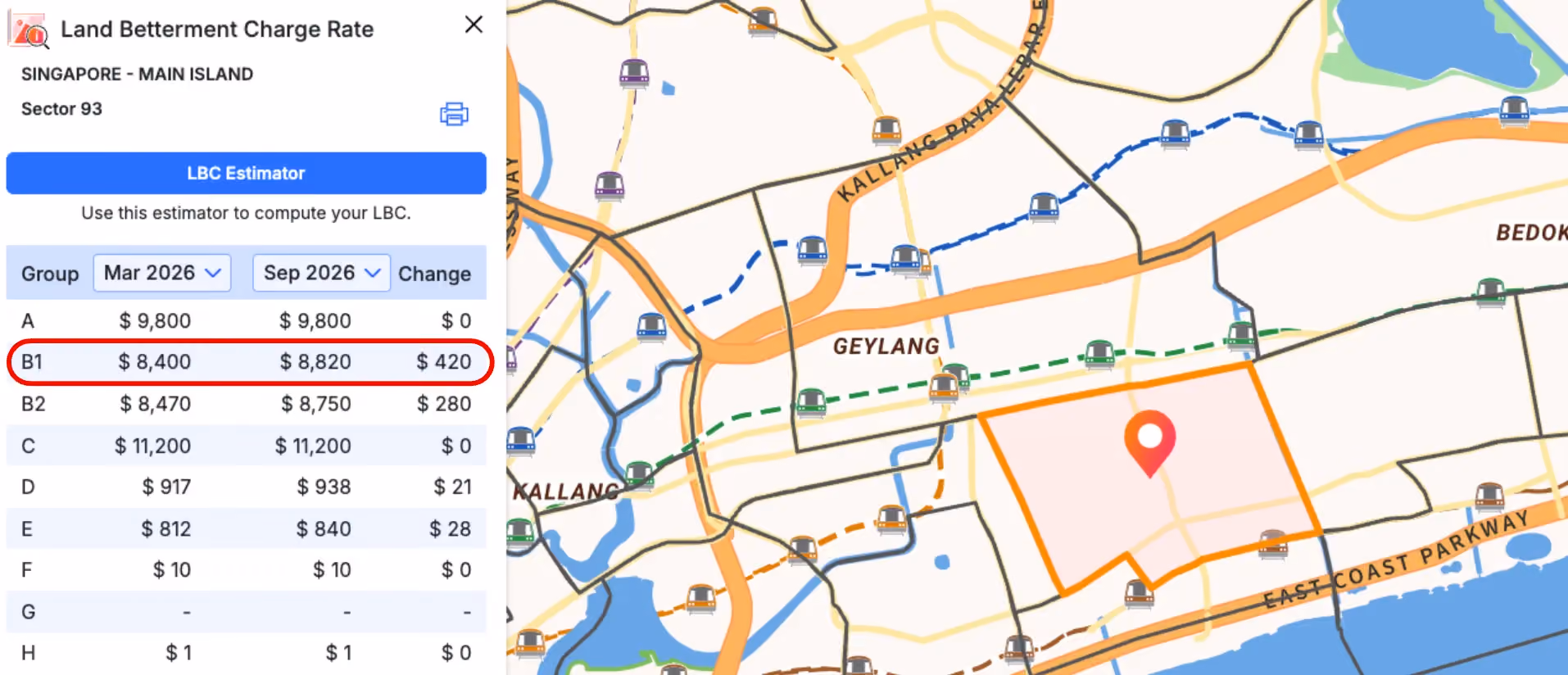 Change in Land Betterment Charge Rate for Sector 93 Singapore