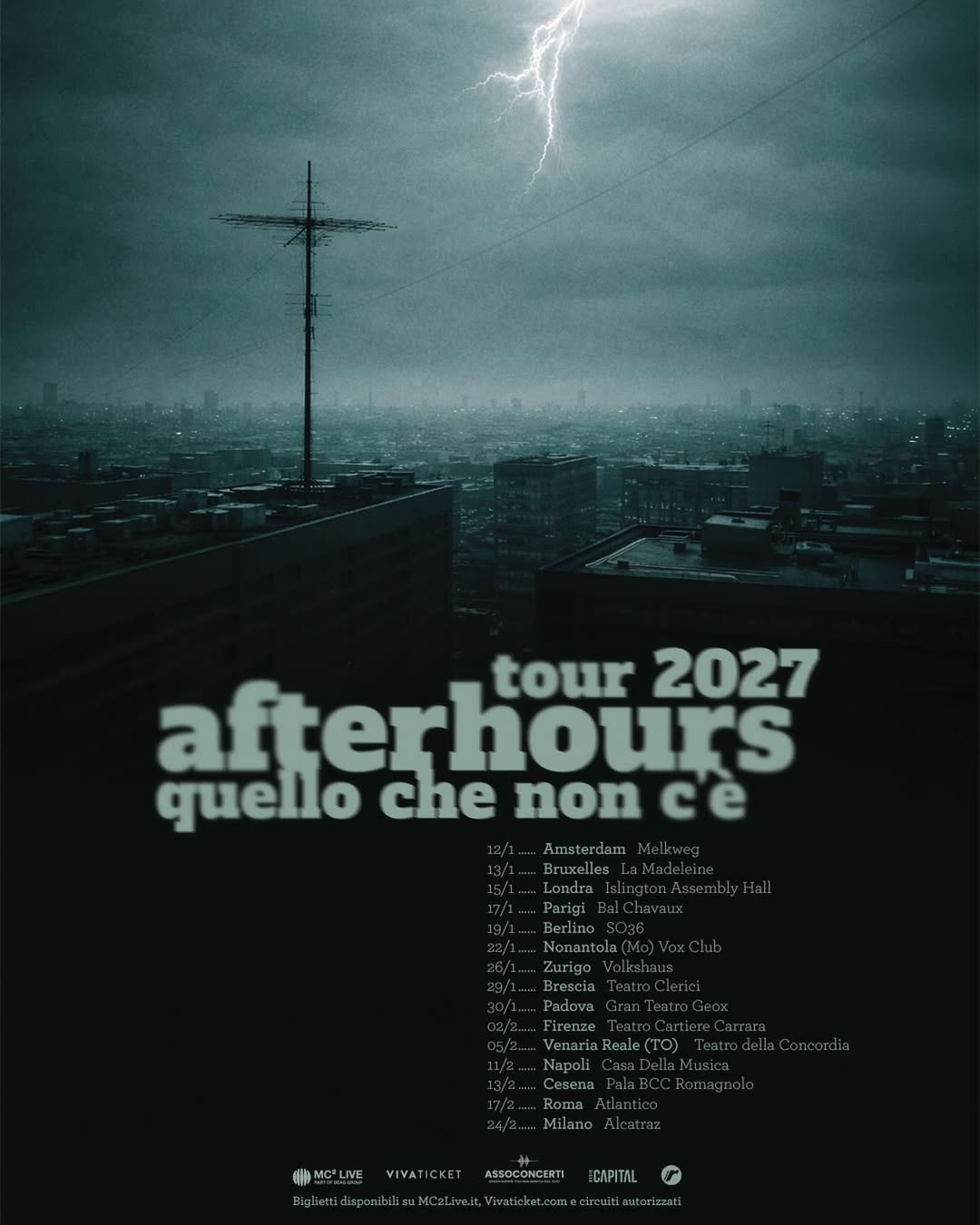 afterhours tour 2027 poster Amsterdam Bruxelles Londra Parigi Berlino Zurigo Brescia