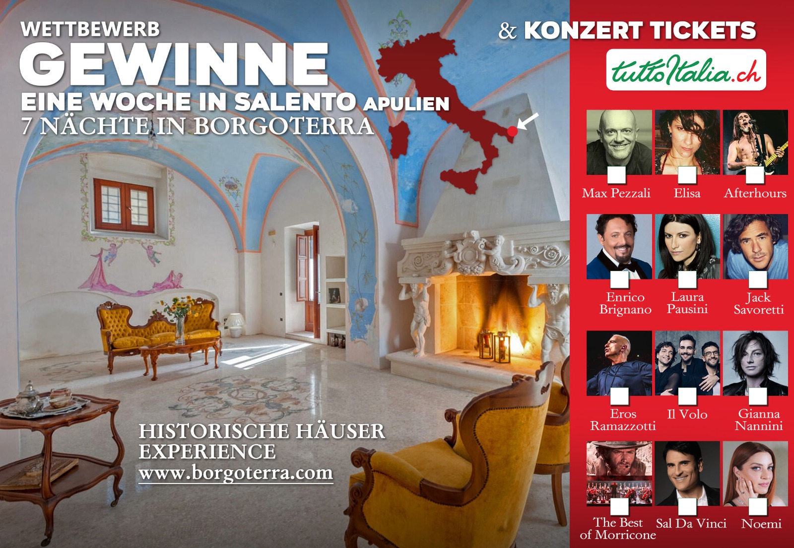Locandina concorso per vincere una settimana in Salento a Borgoterra con concerti italiani in Svizzera