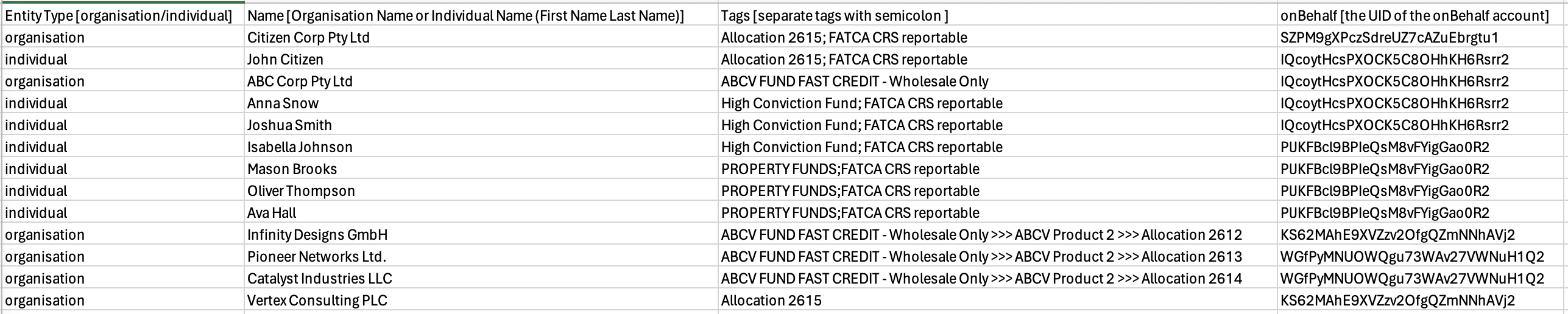 CSV import format