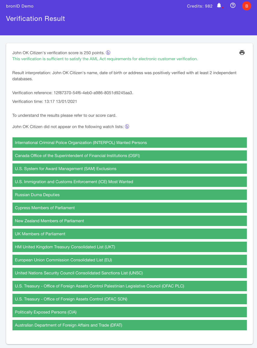 bronID KYC Test Result