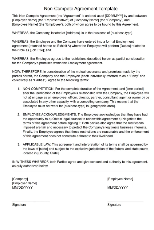 Non Compete Agreement Template