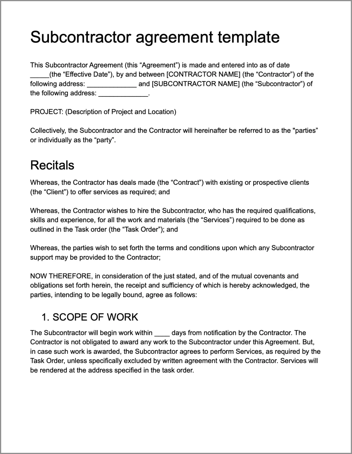Subcontractor Agreement Template