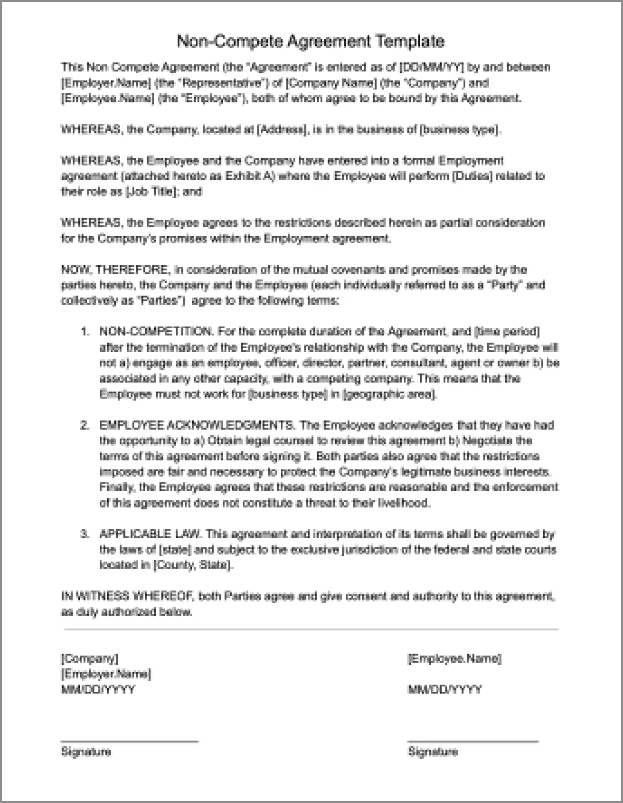 Non compete agreement template 