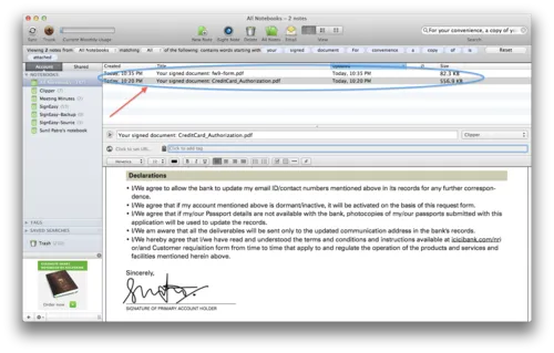 Evernote notebook containing the signed file