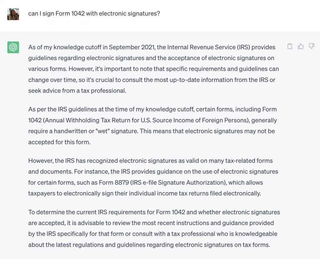 ChatGPT snippet - Sign form 1042 with esignatures| Signeasy
