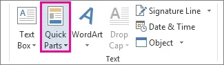 Highlight of Quick Parts on Microsoft Word ribbon to quickly add image of signature