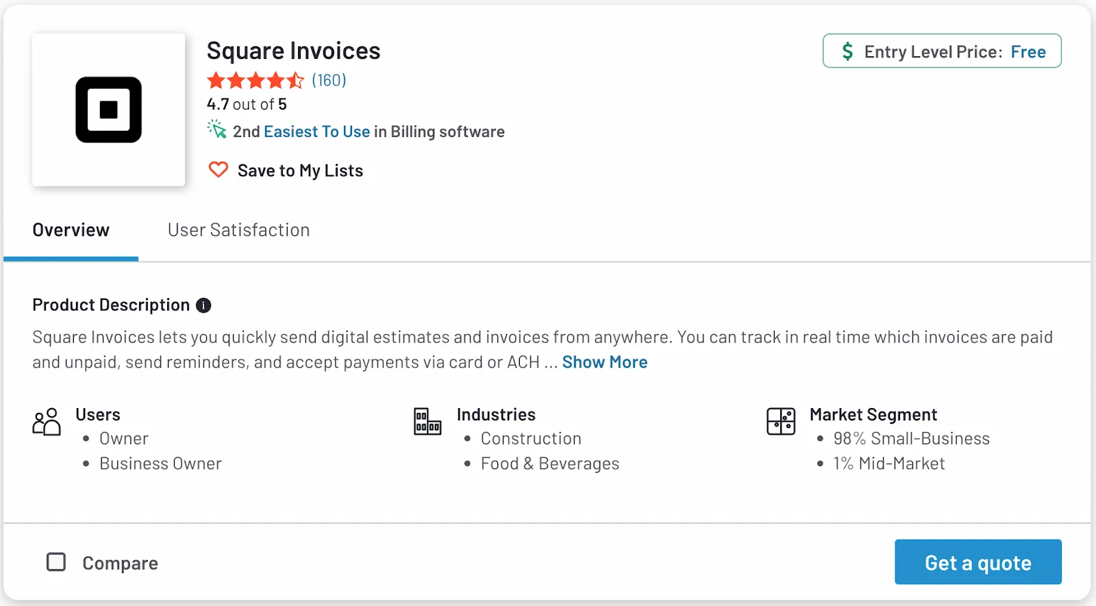 Square Invoices review on G2