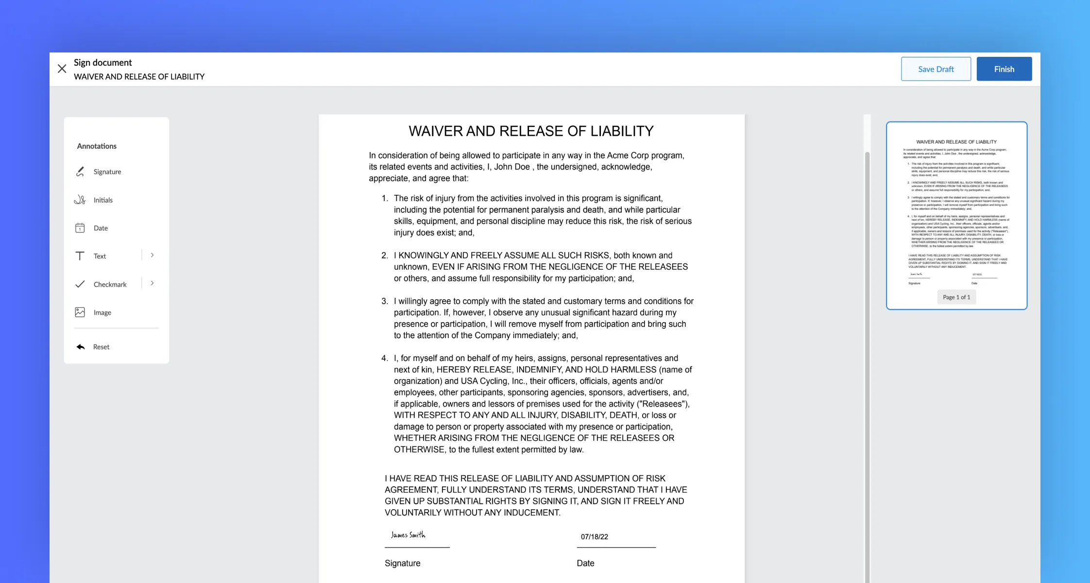 Click finish to sign a Word document on Signeasy
