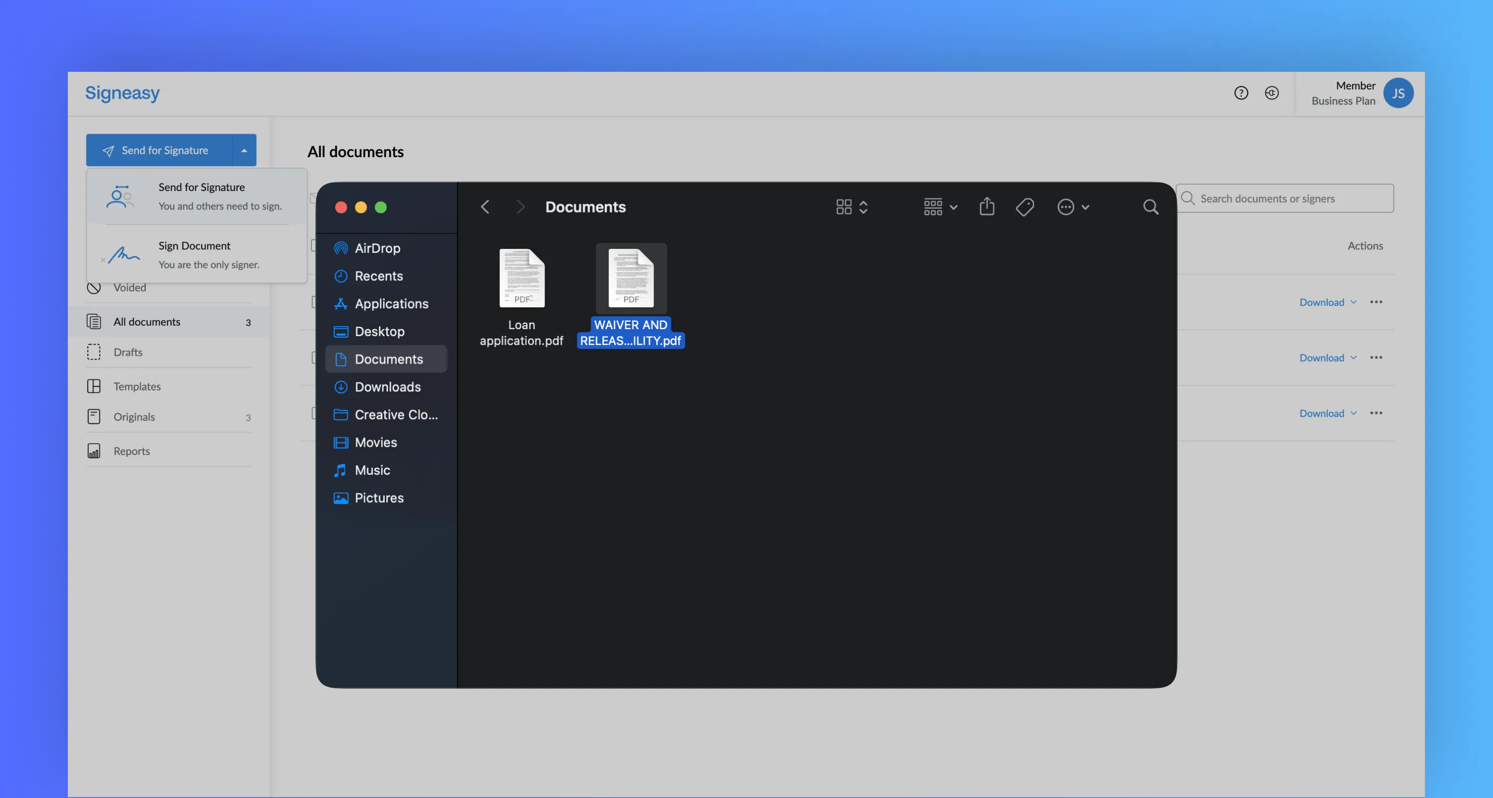 Upload your Microsoft Word doc you want to insert the signature in