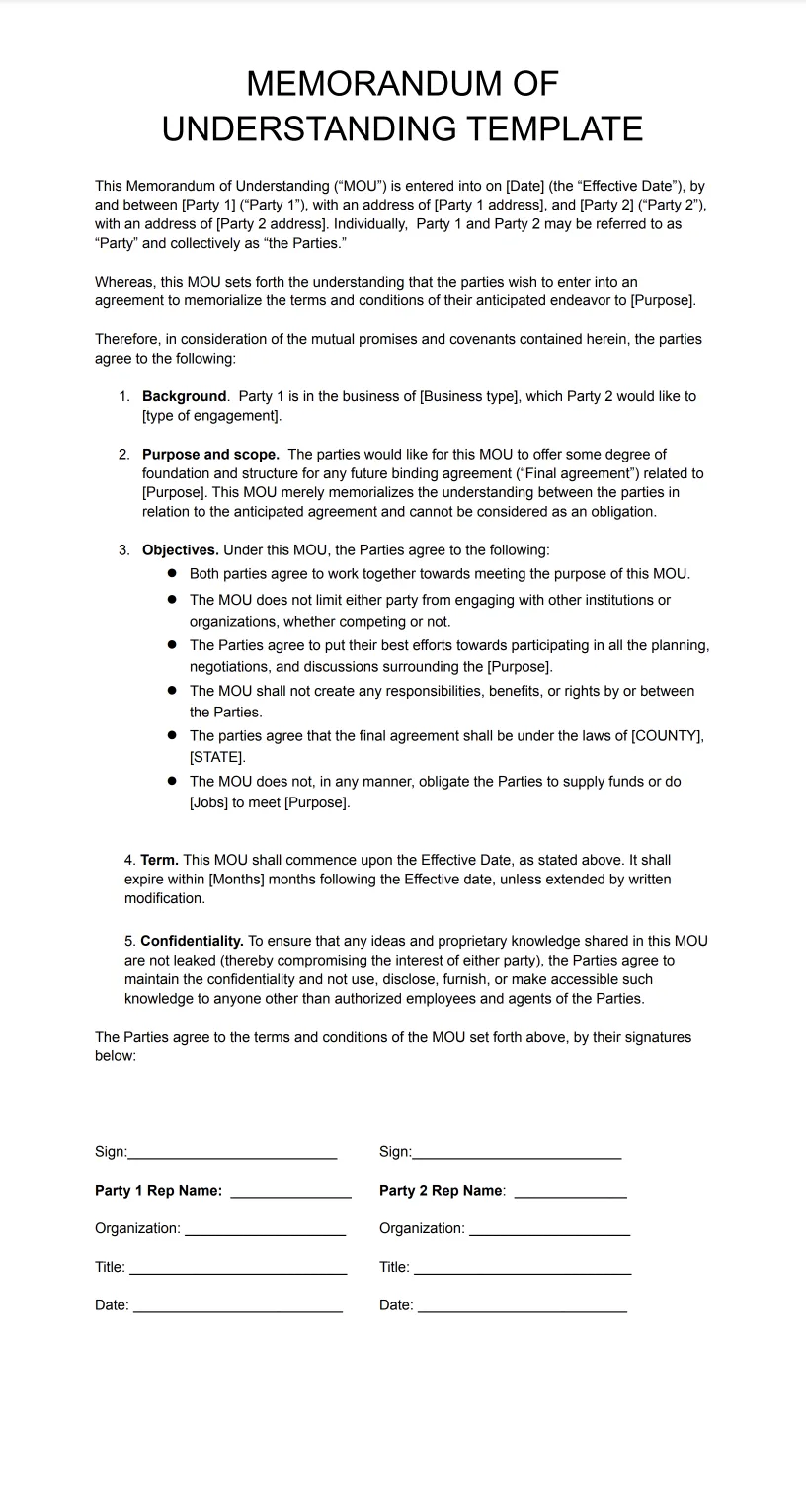 Memorandum of Understanding Template