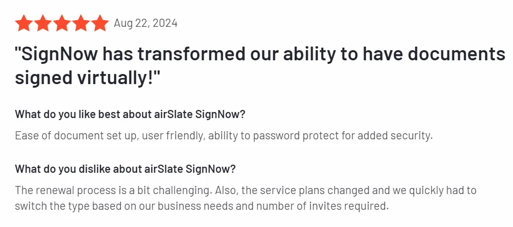 airSlate SignNow user review | Source: G2