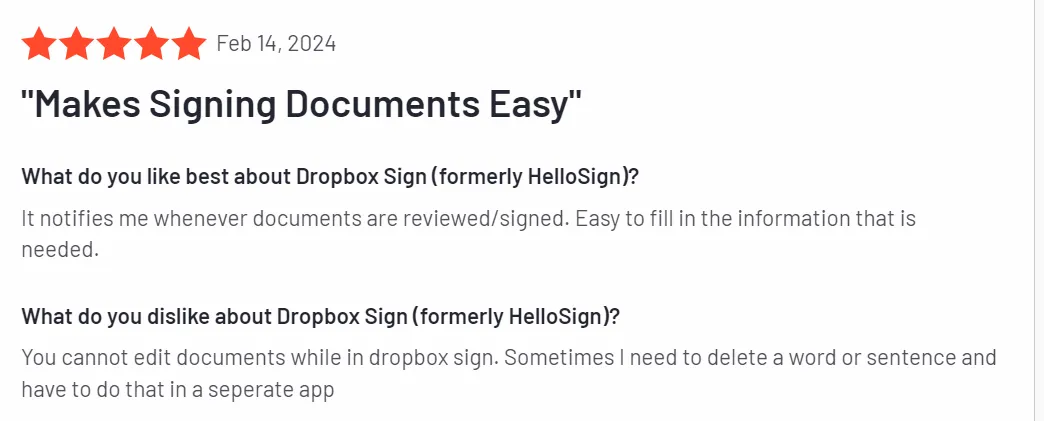 Dropbox Sign user review | Source: G2