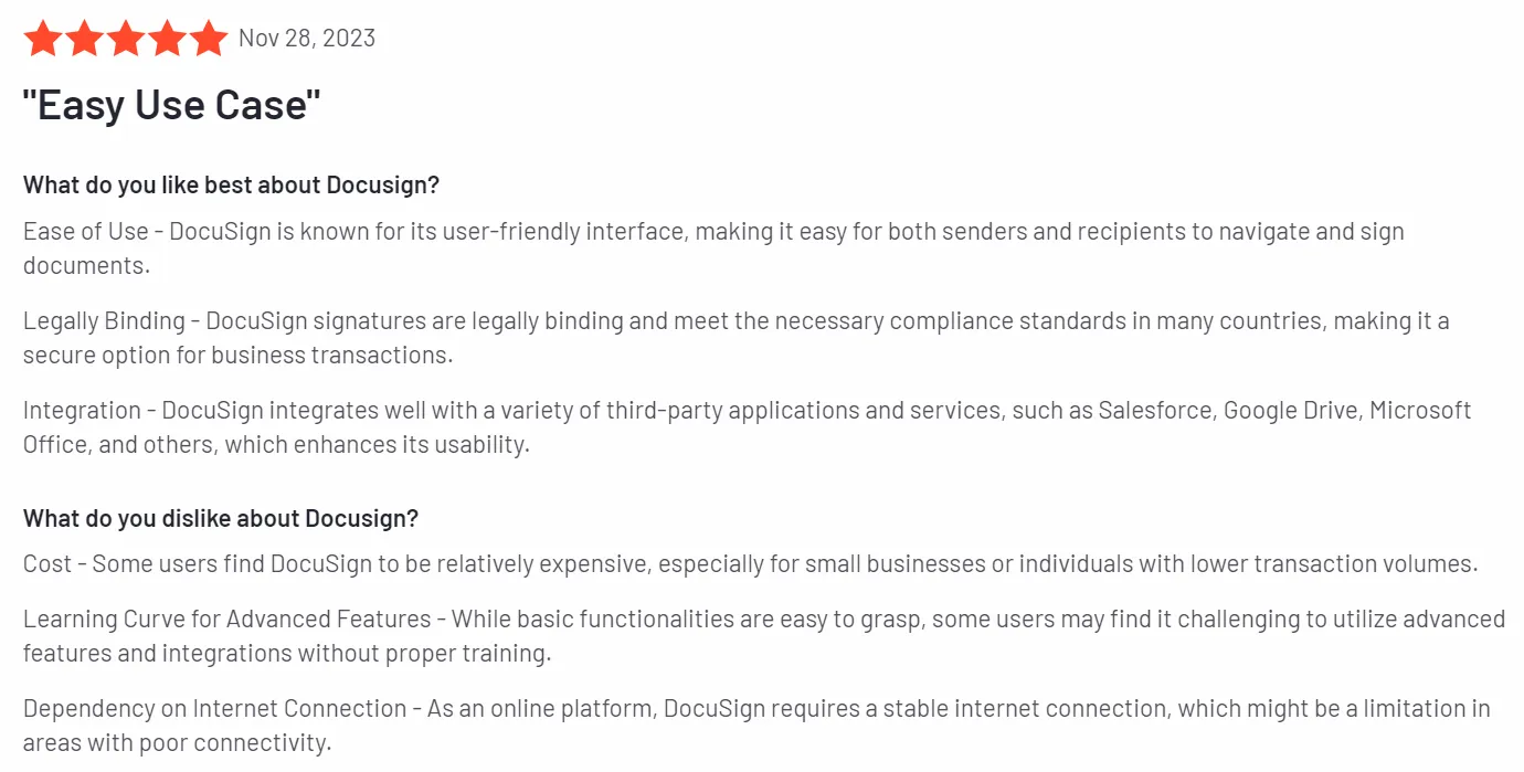 Docusign user review | Source: G2