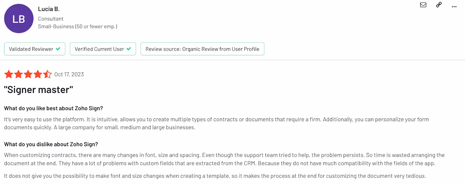 Zoho Sign user review on G2