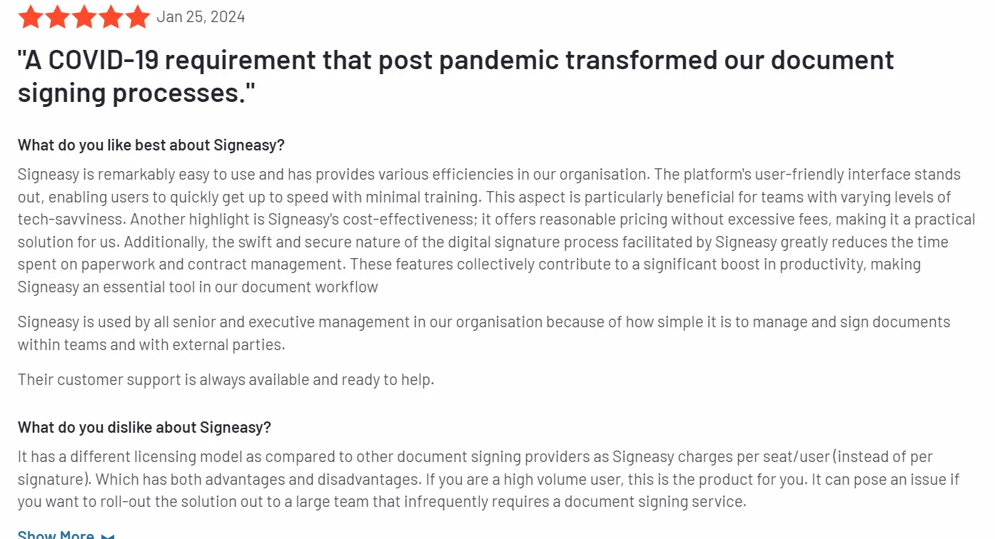 Signeasy user review | Source: G2