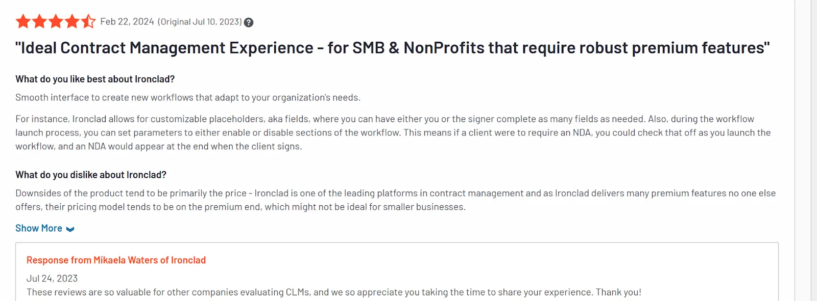 Ironclad contract management experience
