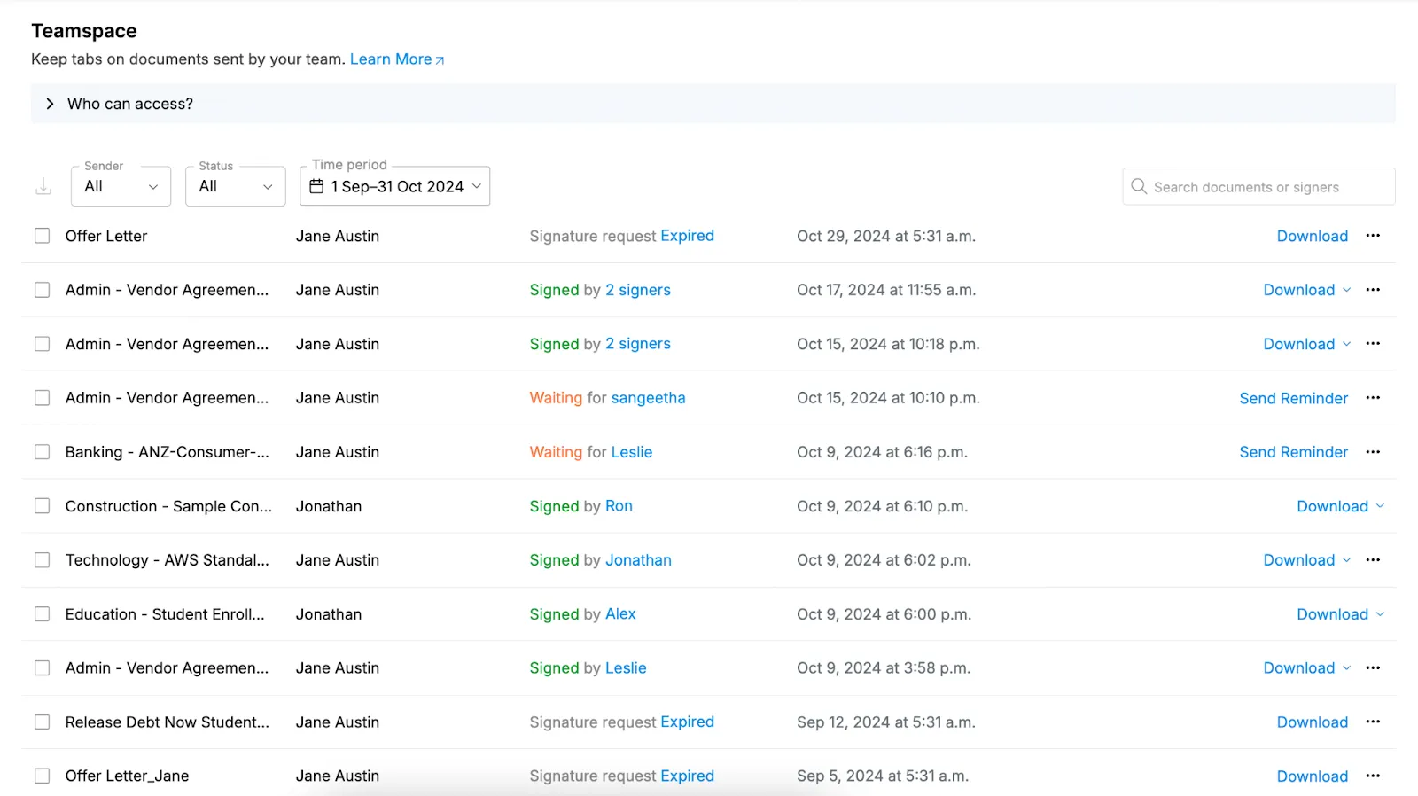 Teamspace contract management dashboard