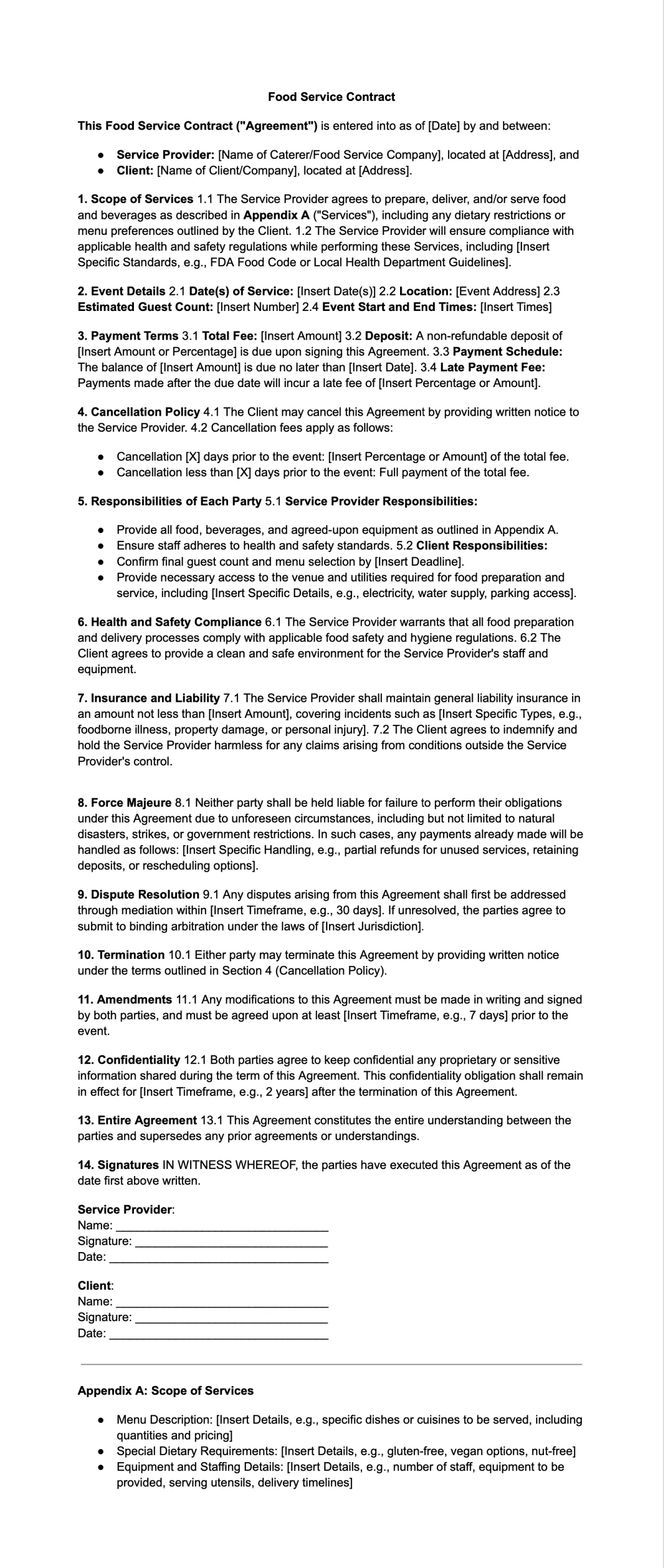 Food Service Contract