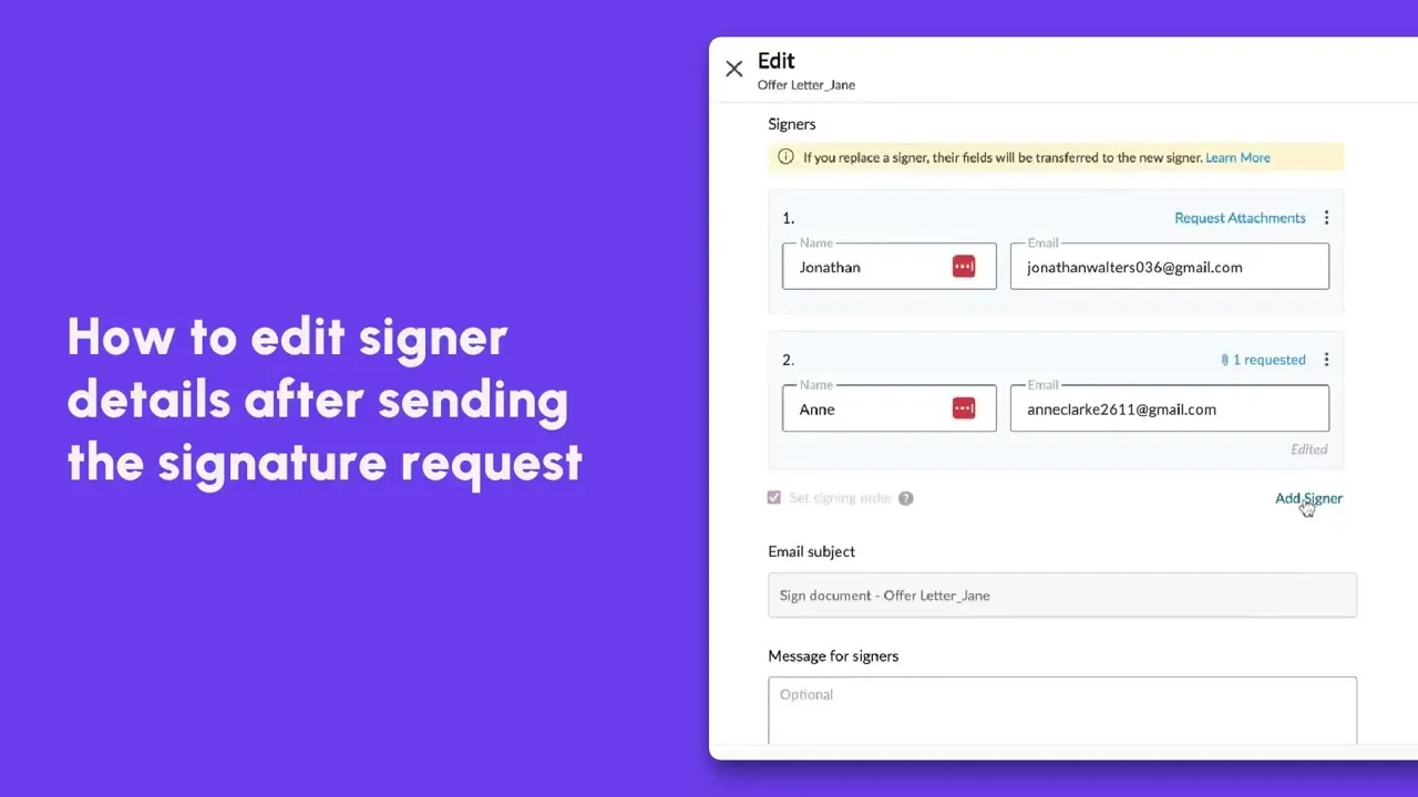 Signeasy: How to edit signer details after sending signature requests