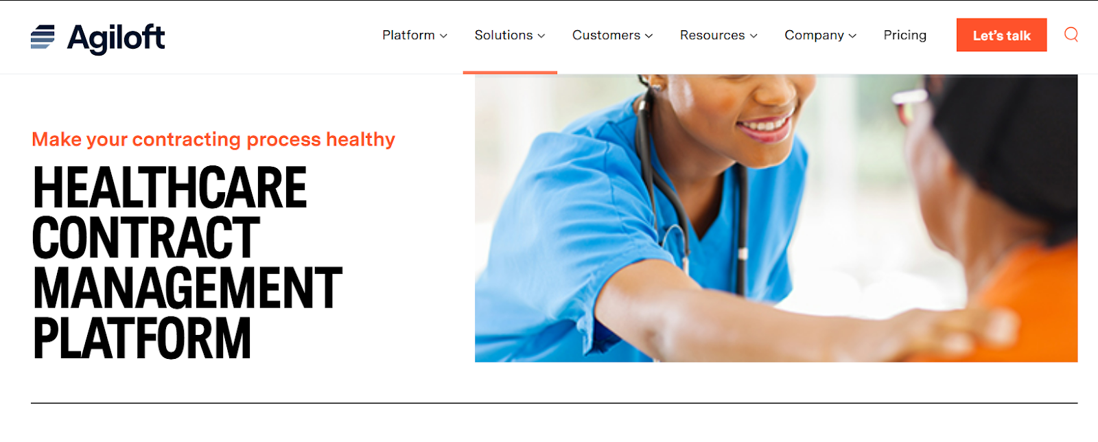 Landing page of Agiloft healthcare contract management software