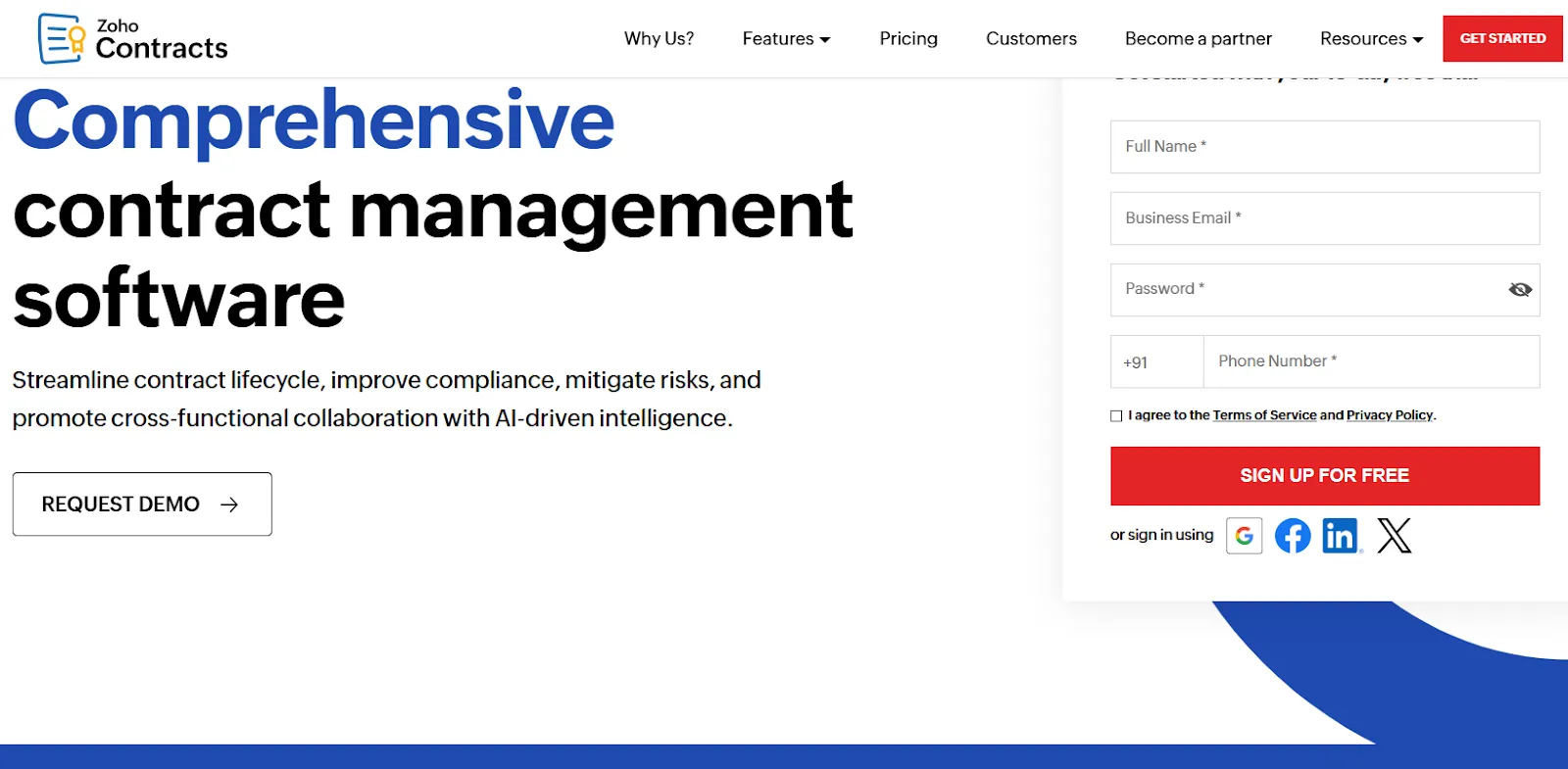 Homepage of Zoho Contracts contract management software