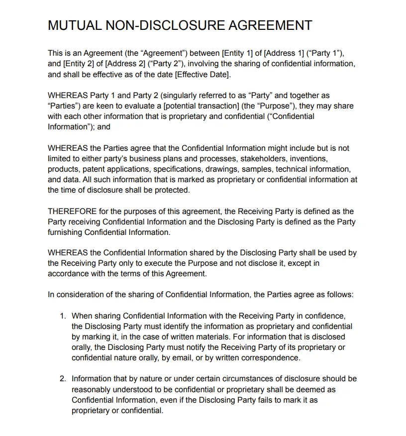 Close-up of a mutual non-disclosure agreement document outlining terms for sharing and protecting confidential information between two parties.