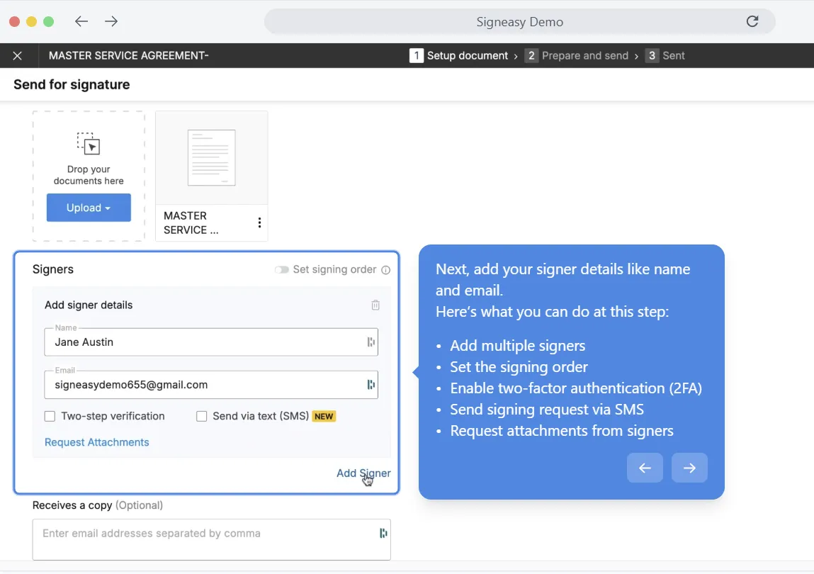 Signeasy demo screen for adding signer details and setting authentication, delivery, and attachment options.