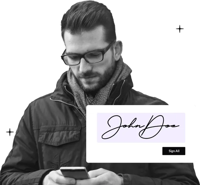 Man using a smartphone with an electronic signature window displayed, showing "John Doe" signature and a "Sign All" button.