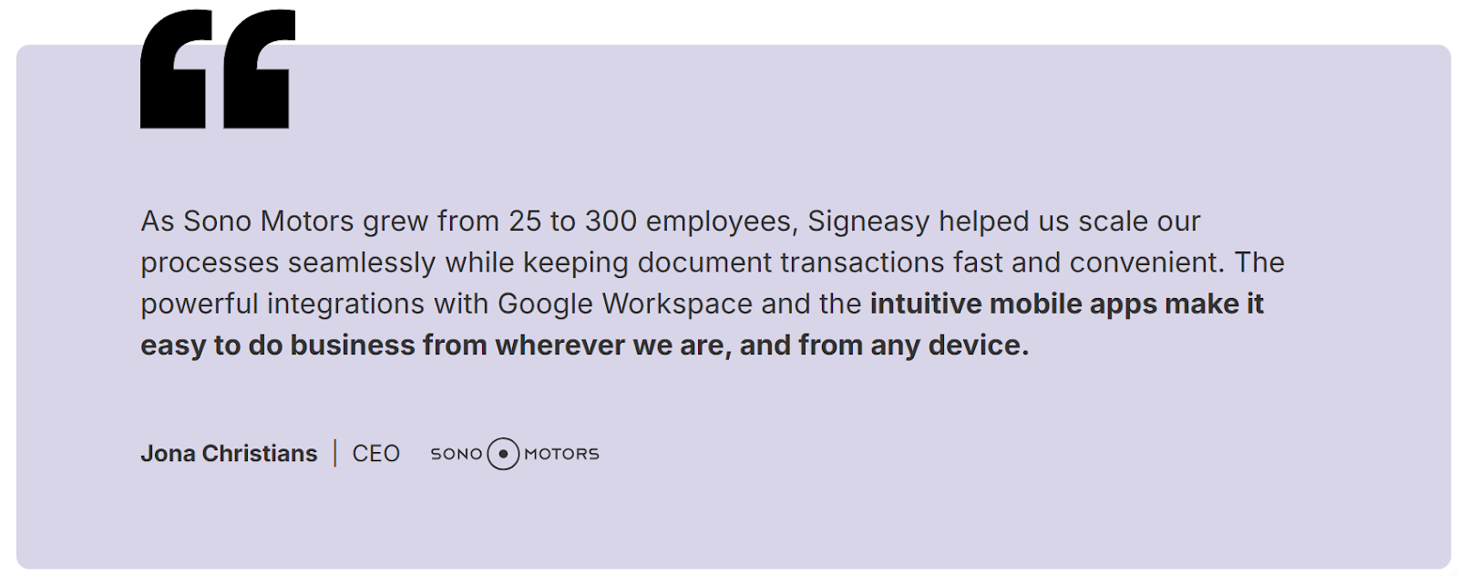 Testimonial from Jona Christians, CEO of Sono Motors, on how Signeasy streamlined operations and supported company growth.