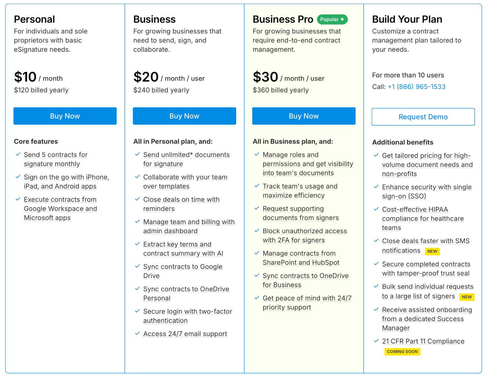Signeasy’s pricing page