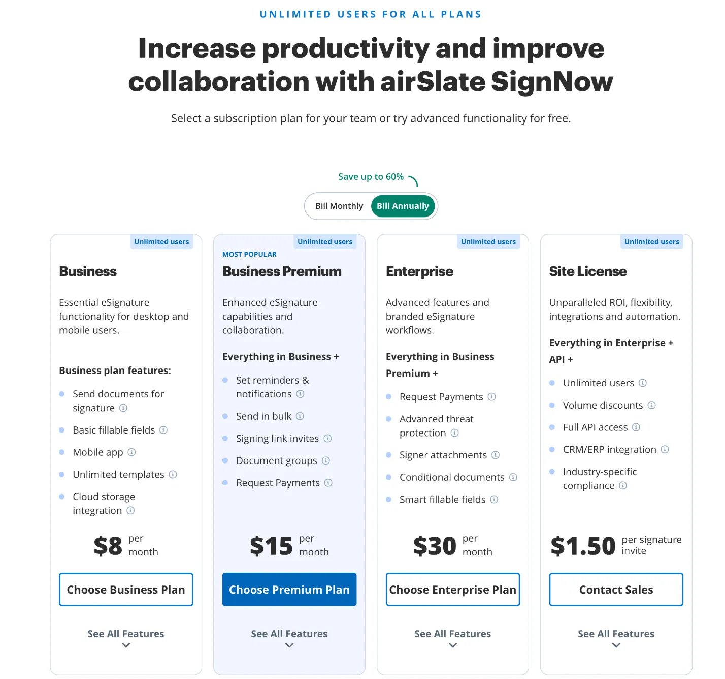 SignNow’s pricing page